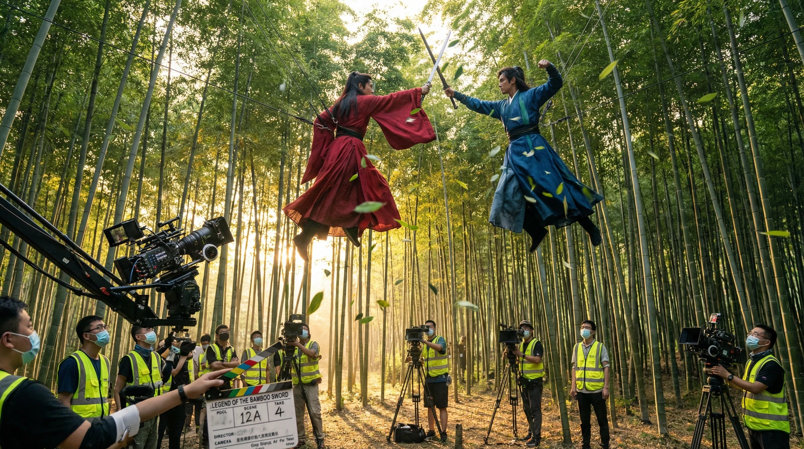 国产武侠动作片竹林对决拍摄现场