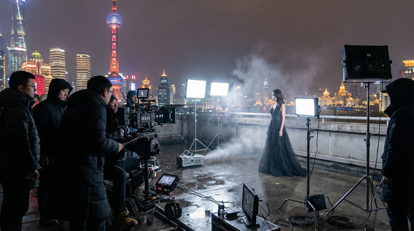 国产上海外滩夜景拍摄现场实况